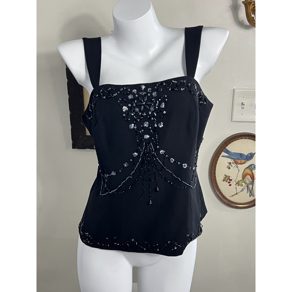 Vintage R&M Richards Petite Black Beaded Sequin Embellished Cami Top Size 12P